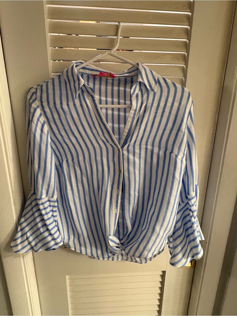 Lilly Pulitzer Blue & White Striped Tie-Front Button Down Blouse